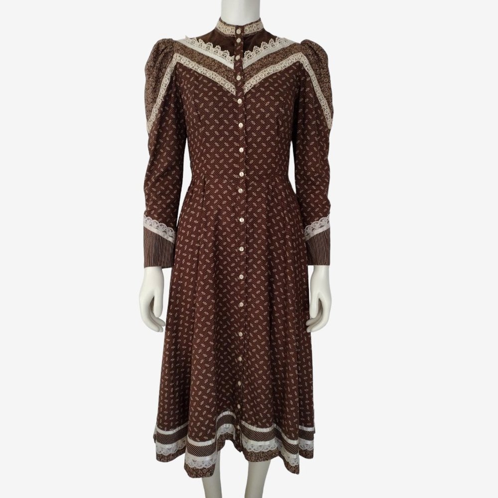 Vintage 70s Gunne Sax Brown Calico Puff Shoulder Button Down Prairie Dress